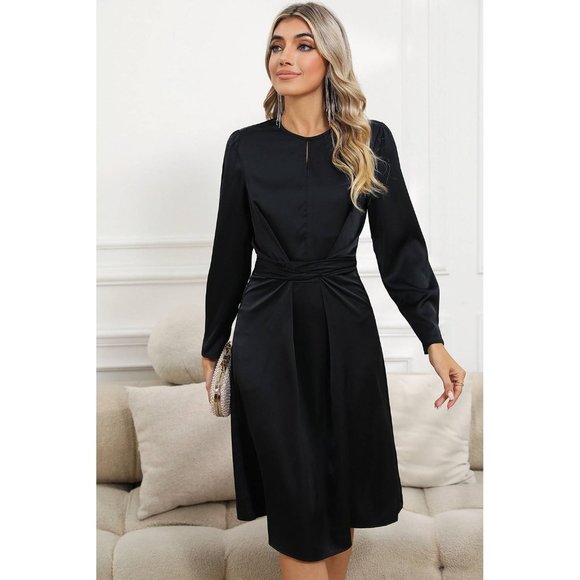 Black Twist Front Tie Back Long Sleeve Satin Dress - Picture 13 of 16
